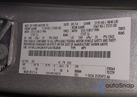 2015 Ford Escape Se из США, поврежденный, VIN 1FMCU9G9XFUA18268